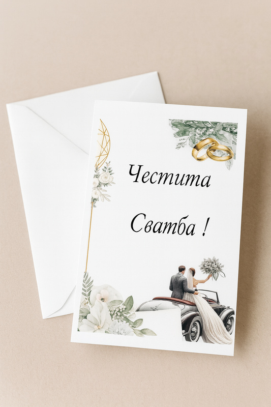 Картичка с бял пощенски плик НА ЕДРО, сватба