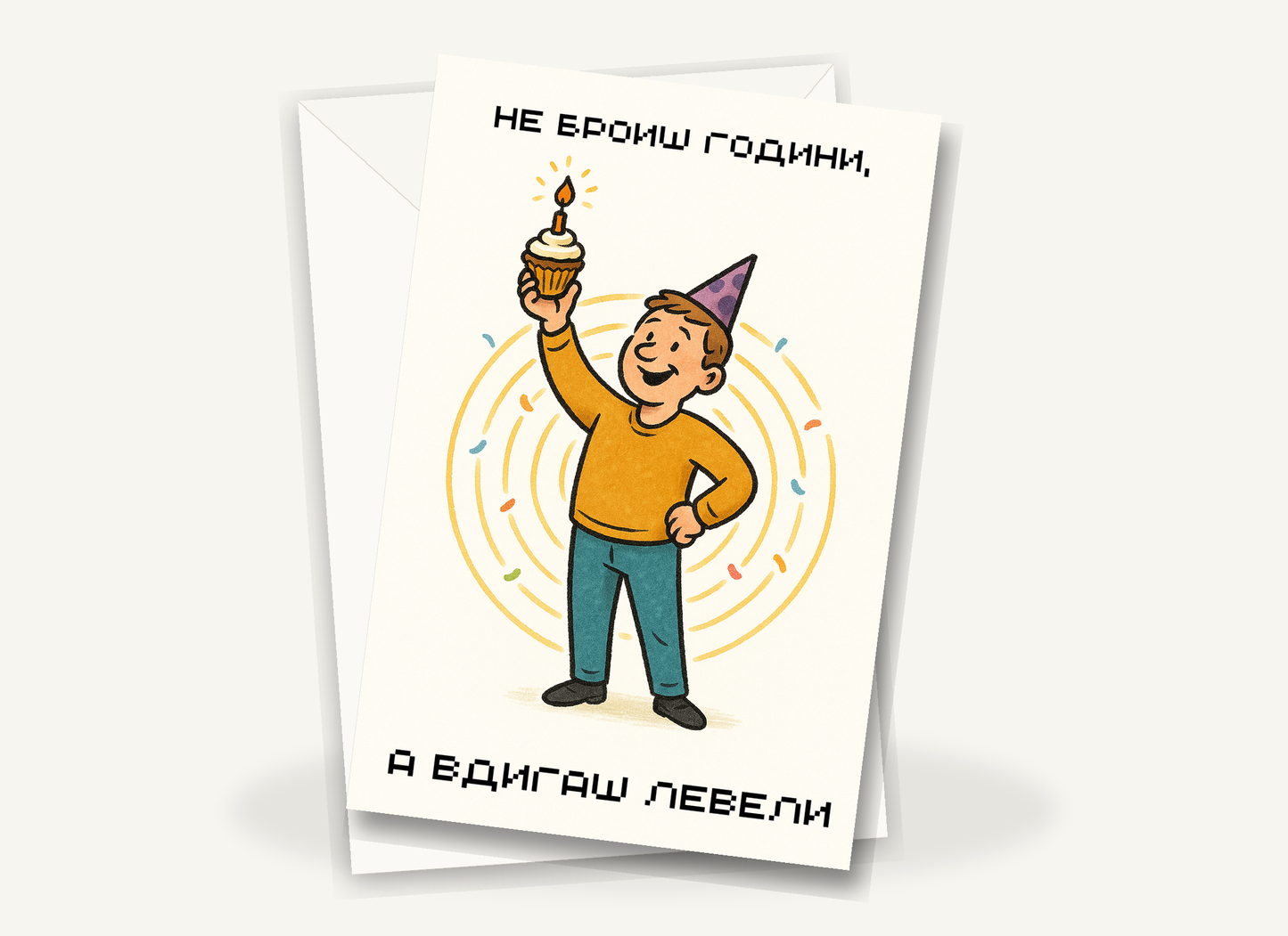 Картичка с бял пощенски плик НА ЕДРО, Вдигаш левели