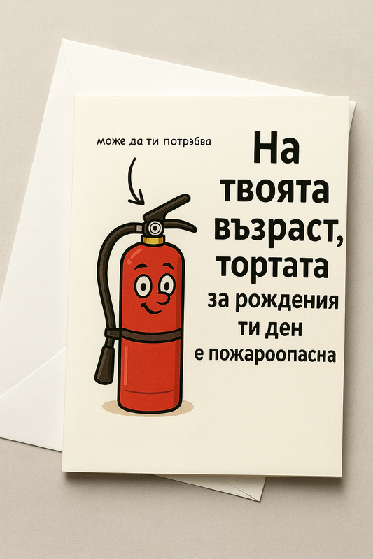 Картичка с бял пощенски плик НА ЕДРО, тортата е пожароопасна