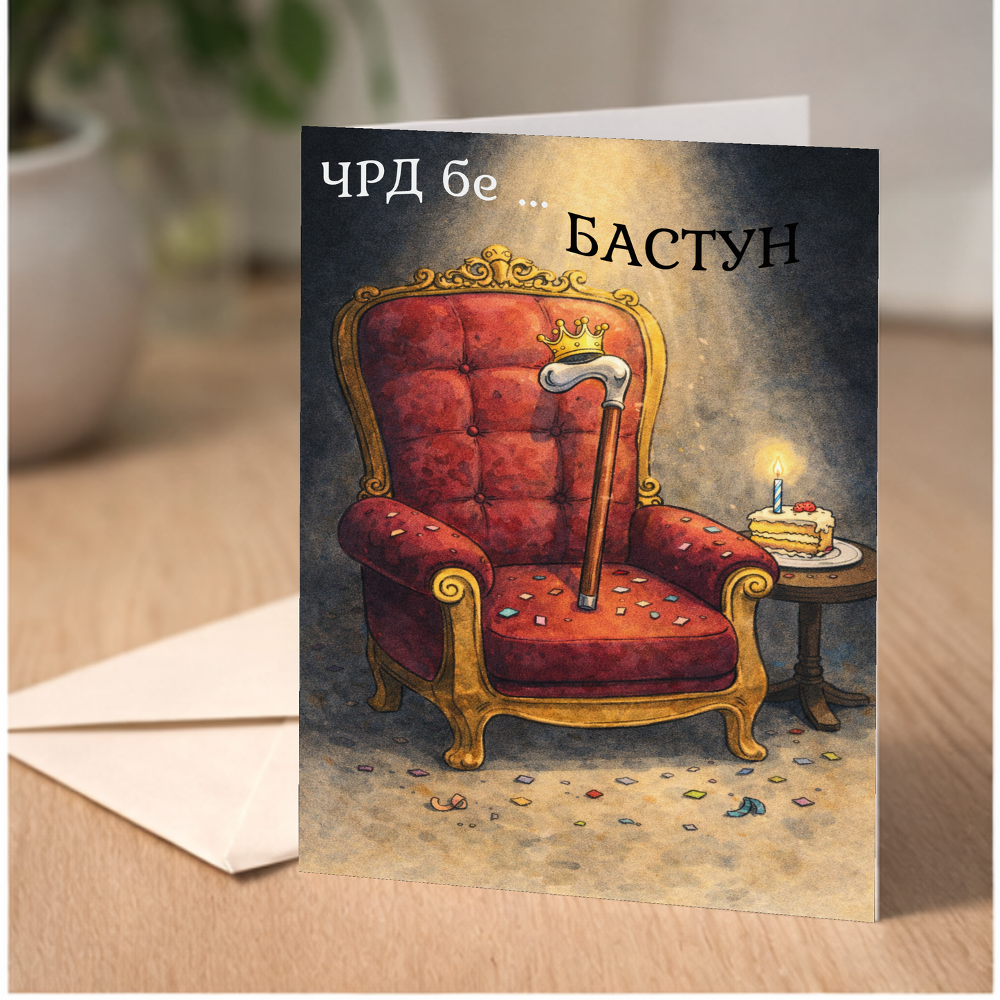 Картичка с бял пощенски плик НА ЕДРО, Бе бастун !