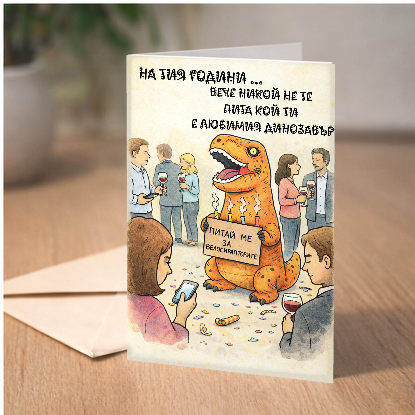 Картичка с бял пощенски плик НА ЕДРО, Любимия динозавър