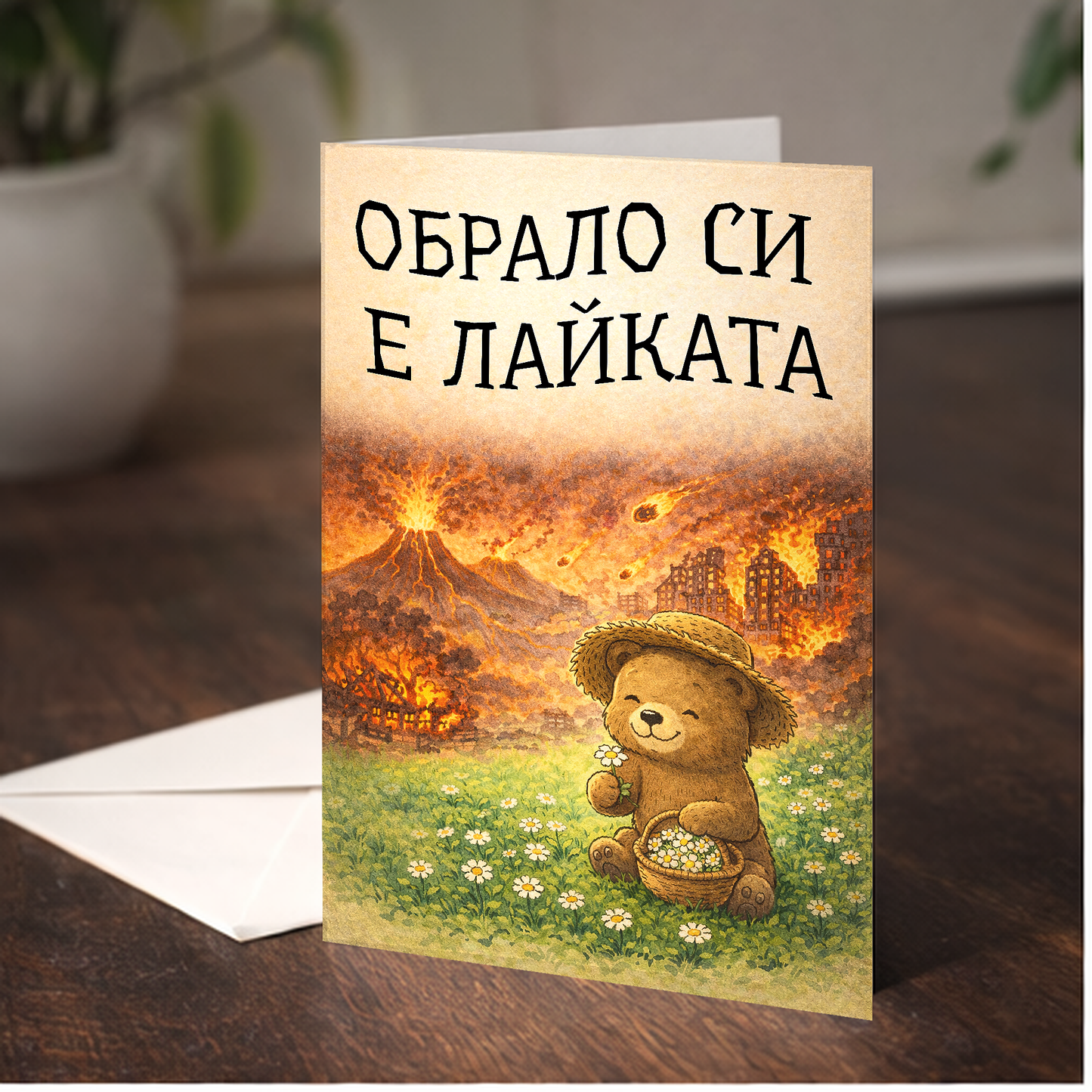 Картичка с бял пощенски плик НА ЕДРО, Обрало си е лайката