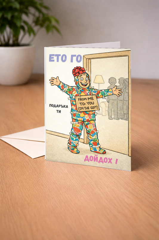 Картичка с бял пощенски плик НА ЕДРО, Ето го подаръка