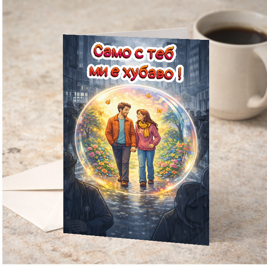 Картичка с бял пощенски плик НА ЕДРО, Само с теб ми е хубаво