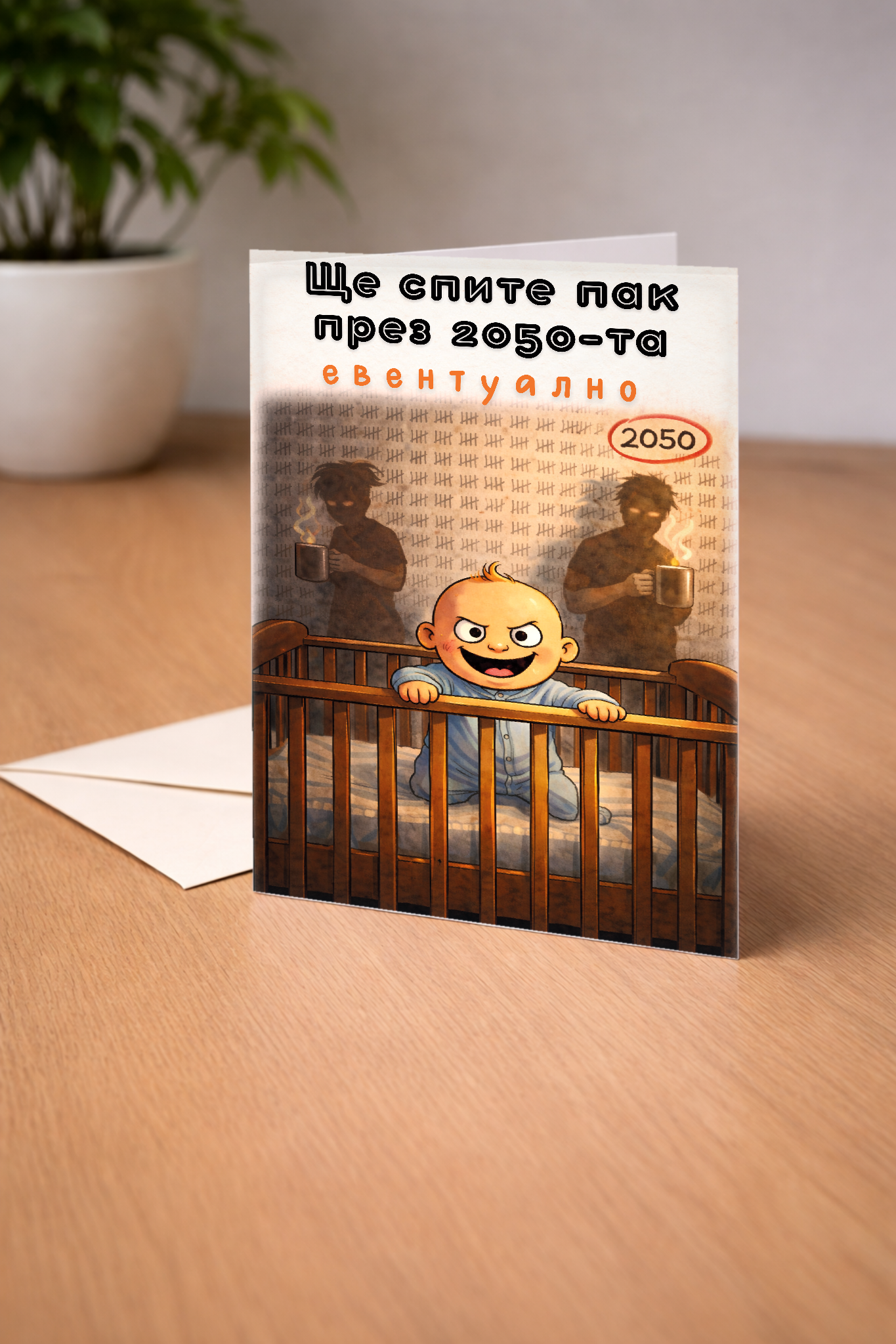 Картичка с бял пощенски плик НА ЕДРО, Ще спите пак през 2050