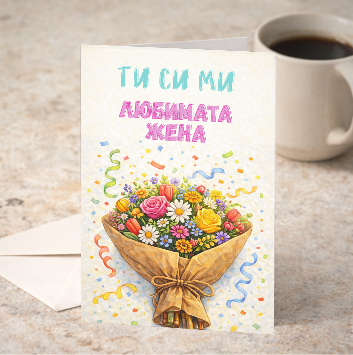 Картичка с бял пощенски плик НА ЕДРО, Любимата жена